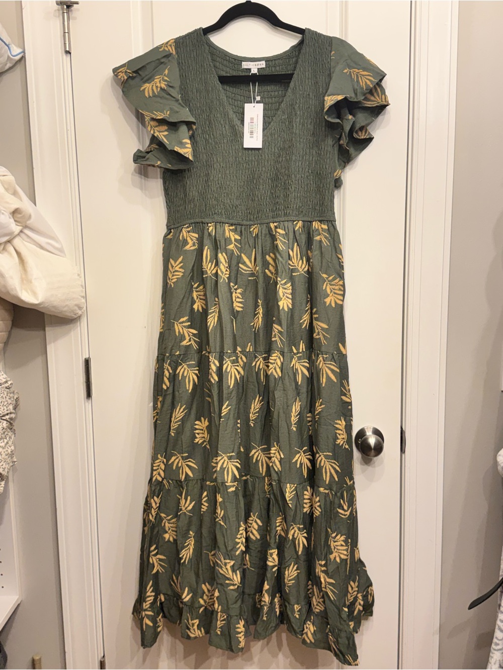 Baltic Born Olive Green Maxi Dress with Yellow Leaf Print - Picture 3 of 7